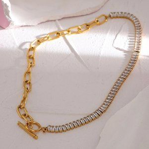 New 18K Gold Plated Baguette Diamond Link Chain Circle Bar Toggle Necklace